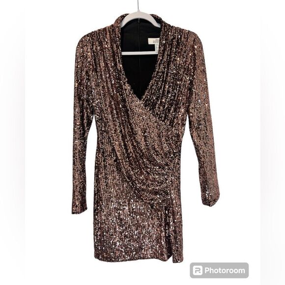 BELLE BADGLEY MISCHKA Juliana Copper Sequin Long Sleeve Mini Dress - Picture 2 of 12